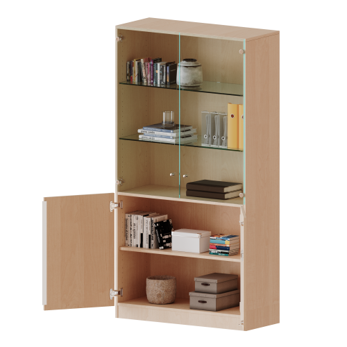 Schrank, 5 Ordnerhöhen, unten Türen (2 OH), oben Vitrinentüren (3 OH) - Serie evo180 B/H/T: 100x190x50 cm, 2 geschlossene und 2 Glastüren, abschließbar, mit Sockel (81 mm)