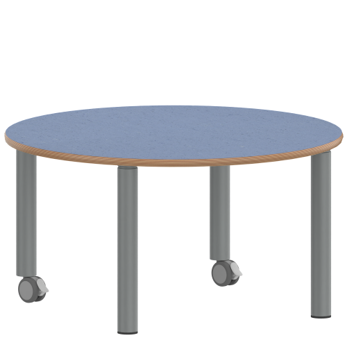 Tisch ZALOTTI mit Linoleum-Belag Rundtisch, Durchmesser/H: 100x53 cm, Stahlrohrbeine Ø 60 mm, Fußvariante: fahrbar, Tischbeine mit RAL-Farbe 9006 (weißaluminium)