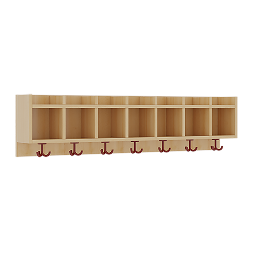 einfache Garderobenablage B/H/T: 140x34,5x20 cm, aus feuerhemmendem Material, 7 Fächer, darunter 3fach-Haken, oben offene Unterteilungen