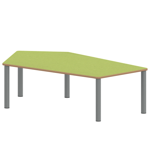 Tisch ZALOTTI mit Linoleum-Belag Fünfecktisch-groß, B/H/T: 185x76x104 cm, Stahlrohrbeine Ø 60 mm, Fußvariante: Stellfuß, Tischbeine mit RAL-Farbe 9006 (weißaluminium)
