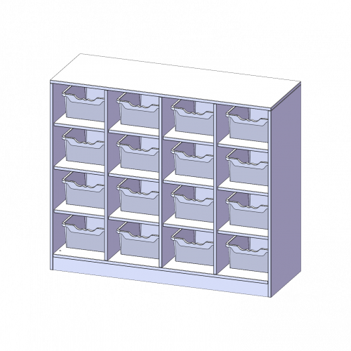 Taschenregal, 3 Ordnerhöhen - Serie evo180 B/H/T: 138,7x118x50 cm, 16 halbhohe Fächer, je mit einer hohen ErgoTray Box, mit Sockel (81 mm)