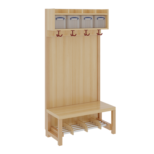 Komplettgarderobe mit einfacher Ablage inklusive Boxen B/H/T: 80x130x39 cm, 4 Plätze, Sitzhöhe 26 cm, Stütze mit Paneelrückwand in Buche-hell, Alurohr-Schuhrost mit Trennungen