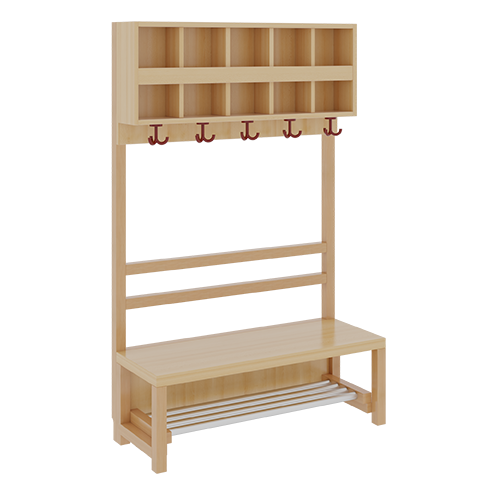 Komplettgarderobe mit doppelter Ablagereihe B/H/T: 100x158x39 cm, 5 Plätze, Sitzhöhe: 42 cm, offene Stütze in Buche-massiv, mit Schuhrost aus Aluminiumrohren