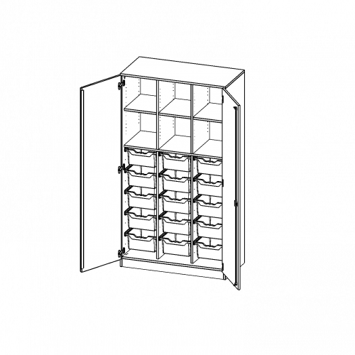 ErgoTray Schrank, dreireihig, 5 Ordnerhöhen - evo180 Serie B/H/T: 104,5x190x50 cm, zweitürig, mit Sockel (81 mm), mit 2 Mittelwänden, mit 15 hohen ErgoTray Boxen
