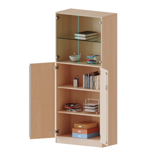 Schrank, 5 Ordnerhöhen, unten Türen (3 OH), oben Vitrinentüren (2 OH) - Serie evo180 B/H/T: 100x190x50 cm, 2 geschlossene und 2 Glastüren, abschließbar, mit Sockel (81 mm)