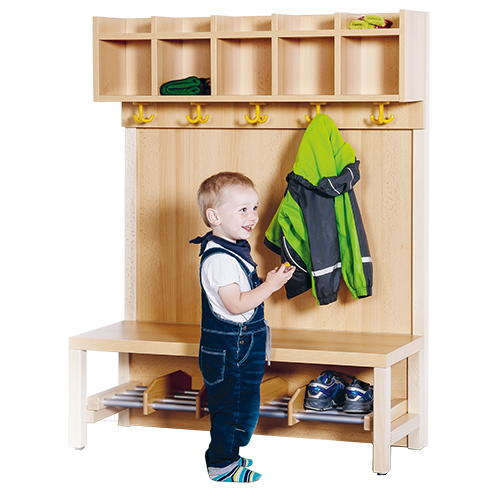 Komplettgarderobe mit einfacher Ablagereihe B/H/T: 100x130x39 cm, 5 Plätze, Sitzhöhe 34 cm, Stütze mit Paneelrückwand in Buche-hell, Alurohr-Schuhrost mit Trennungen