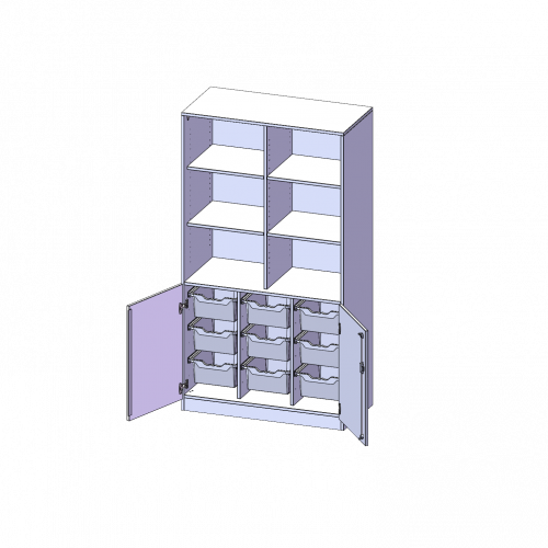 ErgoTray Kombi-Schrank, dreireihig, 5 Ordnerhöhen - evo180 Serie B/H/T: 104,5x190x50 cm, unten 2 OH Türen und 9 hohe ErgoTray Boxen, oben 3 OH Regal, Sockel, mit Mittelwand