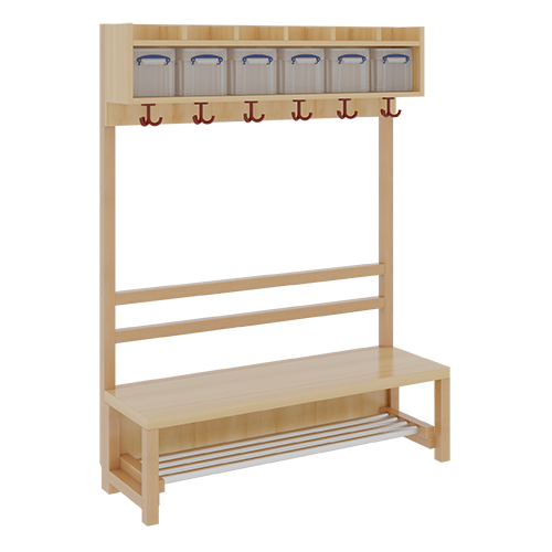Komplettgarderobe mit einfacher Ablage inklusive Boxen B/H/T: 120x130x39 cm, 6 Plätze, Sitzhöhe: 26 cm, offene Stütze in Buche-massiv, mit Schuhrost aus Aluminiumrohren