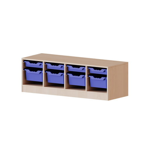 ErgoTray Regal, vierreihig, 1 Ordnerhöhe - evo180 Serie B/H/T: 138,7x46x40 cm, mit Möbelstellfüßen, 4 flache und 4 hohe ErgoTray Boxen