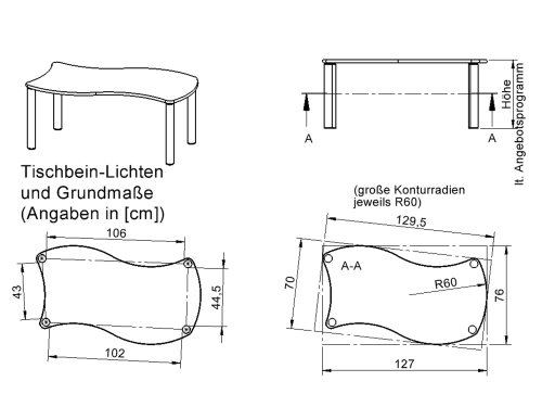 Tisch ZALOTTI mit Schichtstoff-Belag Wellen-Rechtecktisch, B/H/T: 120x41x60 cm, Massivholzbeine Ø 60 mm, Fußvariante: Stellfuß