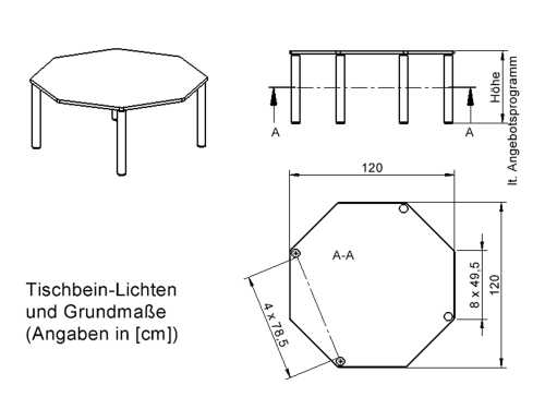 Tisch ZALOTTI mit Schichtstoff-Belag Achtecktisch, B/H/T: 120x41x120 cm, Stahlrohrbeine Ø 60 mm, Fußvariante: Stellfuß, Tischbeine mit RAL-Farbe 9006 (weißaluminium)