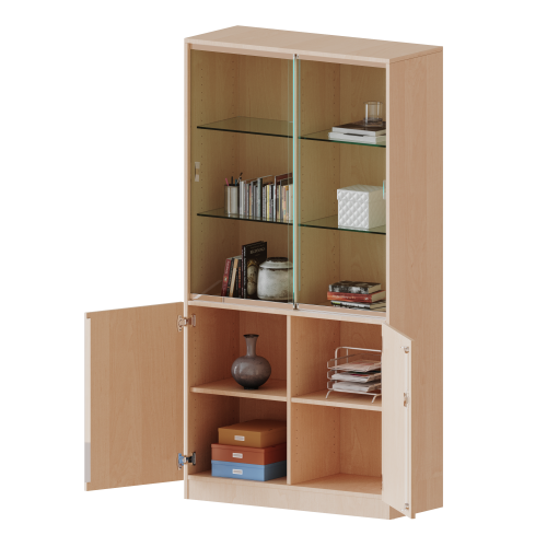 Kombischrank, 5 Ordnerhöhen, Drehtüren unten (2 OH), Glasschiebetüren oben (3 OH) - Serie evo180 B/H/T: 100x190x50 cm, alle Türen abschließbar, mit Mittelwand, mit Sockel (81 mm)