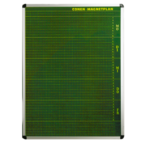 Plantafel mit Personalplan und Stundenraster aus beschreibbarer Premium Stahlemaille, grün B/H: 77x103 cm, 8 Stunden, 33 Mitarbeiter