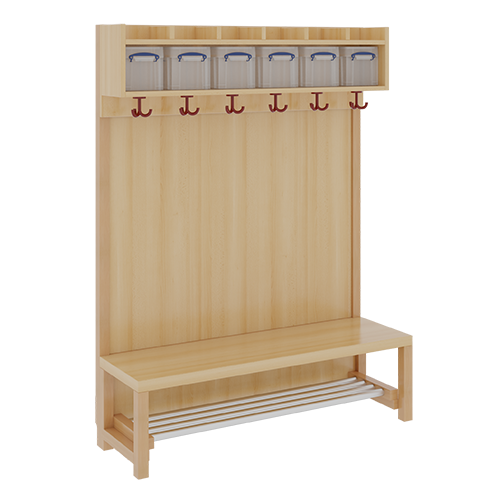 Komplettgarderobe mit einfacher Ablage inklusive Boxen B/H/T: 120x130x39 cm, 6 Plätze, Sitzhöhe: 26 cm, Stütze mit Paneelrückwand in Buche-hell, mit Schuhrost aus Aluminiumrohren