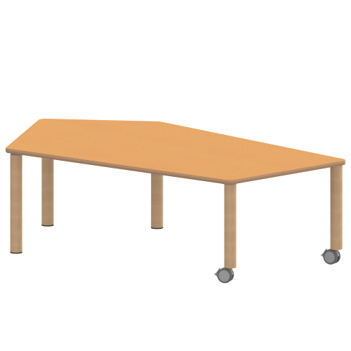 Tisch ZALOTTI mit Linoleum-Belag Fünfecktisch-groß, B/H/T: 185x76x104 cm, Massivholzbeine Ø 60 mm, Fußvariante: fahrbar