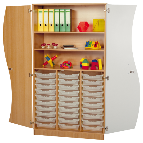 Hochschrank mit Wellentüren, 30 flache ErgoTray Boxen & 2 Einlegeböden B/H/T: 104,5x190x50 cm, Türen Farbe Blau