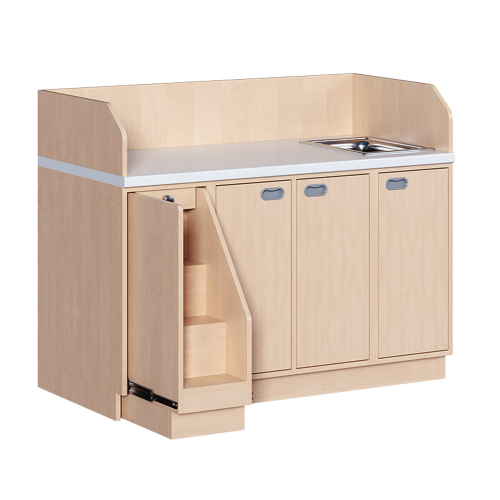 Wickelkommode, dreireihig zuzüglich Waschbecken B/H/T: 143x113x71,5 cm, Ausziehbarer Aufstieg links, Türen und Waschbecken rechts