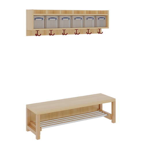 Komplettgarderobe mit einfacher Ablage inklusive Boxen B/T: 120x35 cm, 6 Plätze, Sitzhöhe 42 cm, 2teilig ohne Stütze, Ablage zur Wandmontage, Schuhrost aus Aluminiumrohren
