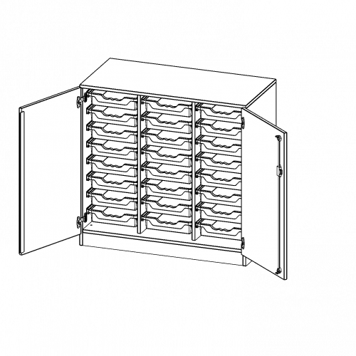 ErgoTray Schrank, dreireihig, 2,5 Ordnerhöhen - evo180 Serie B/H/T: 104,5x100x50 cm, zweitürig, mit Sockel (81 mm), mit 24 flachen ErgoTray Boxen