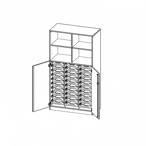 ErgoTray Kombi-Schrank, dreireihig, 5 Ordnerhöhen - evo180 Serie B/H/T: 104,5x190x50 cm, unten 3 OH Türen und 30 flache ErgoTray Boxen, oben 2 OH Regal, Sockel, mit Mittelwand