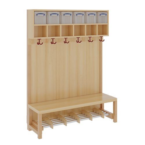 Komplettgarderobe mit doppelter Ablagereihe inklusive Boxen B/H/T: 120x158x39 cm, 6 Plätze, Sitzhöhe 26 cm, Stütze mit Paneelrückwand, Alurohr-Schuhrost mit Trennungen
