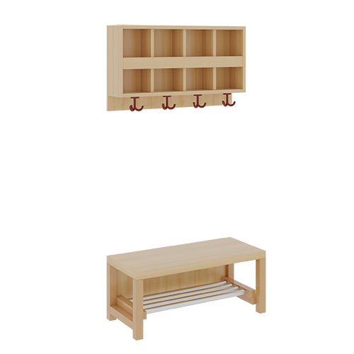 Komplettgarderobe mit doppelter Ablagereihe B/T: 80x35 cm, 4 Plätze, Sitzhöhe: 42 cm, 2teilig ohne Stütze, Ablage zur Wandmontage, mit Schuhrost aus Aluminiumrohren