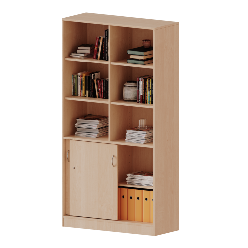Kombischrank, 5 Ordnerhöhen, Schiebetüren unten (2 OH), oben 3 offene Fächer - Serie evo180 B/H/T: 100x190x60 cm, 2 Schiebetüren, abschließbar, mit Sockel (81 mm)