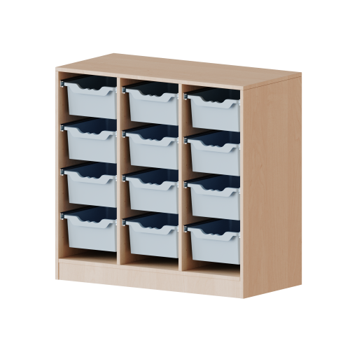 ErgoTray Regal, dreireihig, 2,5 Ordnerhöhen - evo180 Serie B/H/T: 104,5x100x40 cm, mit Möbelstellfüßen, 12 hohe ErgoTray Boxen