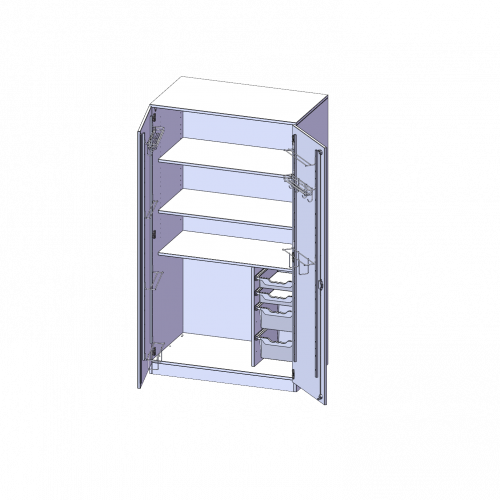 Musikschrank, 5 Ordnerhöhen - Serie evo180 B/H/T: 104,5x190x60 cm, Türen mit Instrumentenhalterungen, mit 4 ErgoTray Boxen, mit Sockel (81 mm)