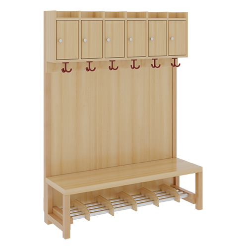 Komplettgarderobe mit Ablagen und Türen B/H/T: 120x158x39 cm, 6 Plätze, Sitzhöhe: 26 cm, Stütze mit Paneelrückwand, Schuhrost aus Aluminiumrohren mit Facheinteilungen