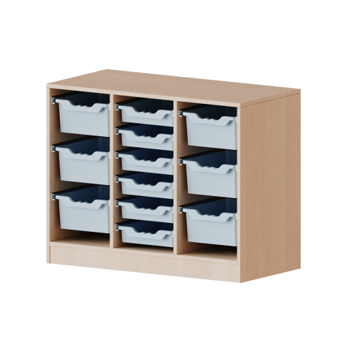 ErgoTray Regal, dreireihig, 2 Ordnerhöhen - evo180 Serie B/H/T: 104,5x82x50 cm, fahrbar, rechts und links je 3 hohe, in der Mitte 6 flache ErgoTray Boxen