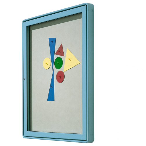 Vitrine W4 mit Flügeltür zur Wandmontage B/H/T: 82x107x6,5 cm, Rückwand Lederstruktur auf Kork, Anschlag rechts