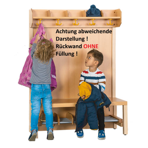 Komplettgarderobe mit offener Ablagereihe B/H/T: 100x130x39 cm, 5 Plätze, Sitzhöhe: 26 cm, offene Stütze in Buche-massiv, Schuhrost aus Aluminiumrohren mit Facheinteilungen