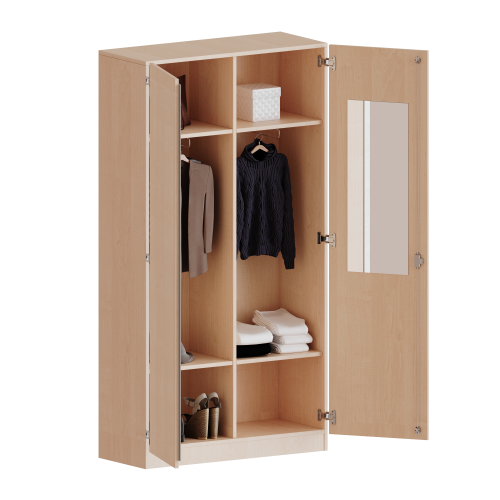 Garderobenschrank mit Spiegel und Garderobenstange, 5 Ordnerhöhen - Serie evo180 B/H/T: 120x190x50 cm, 2 Türen, abschließbar, mit Mittelwand, beide Seiten Garderobe, Sockel
