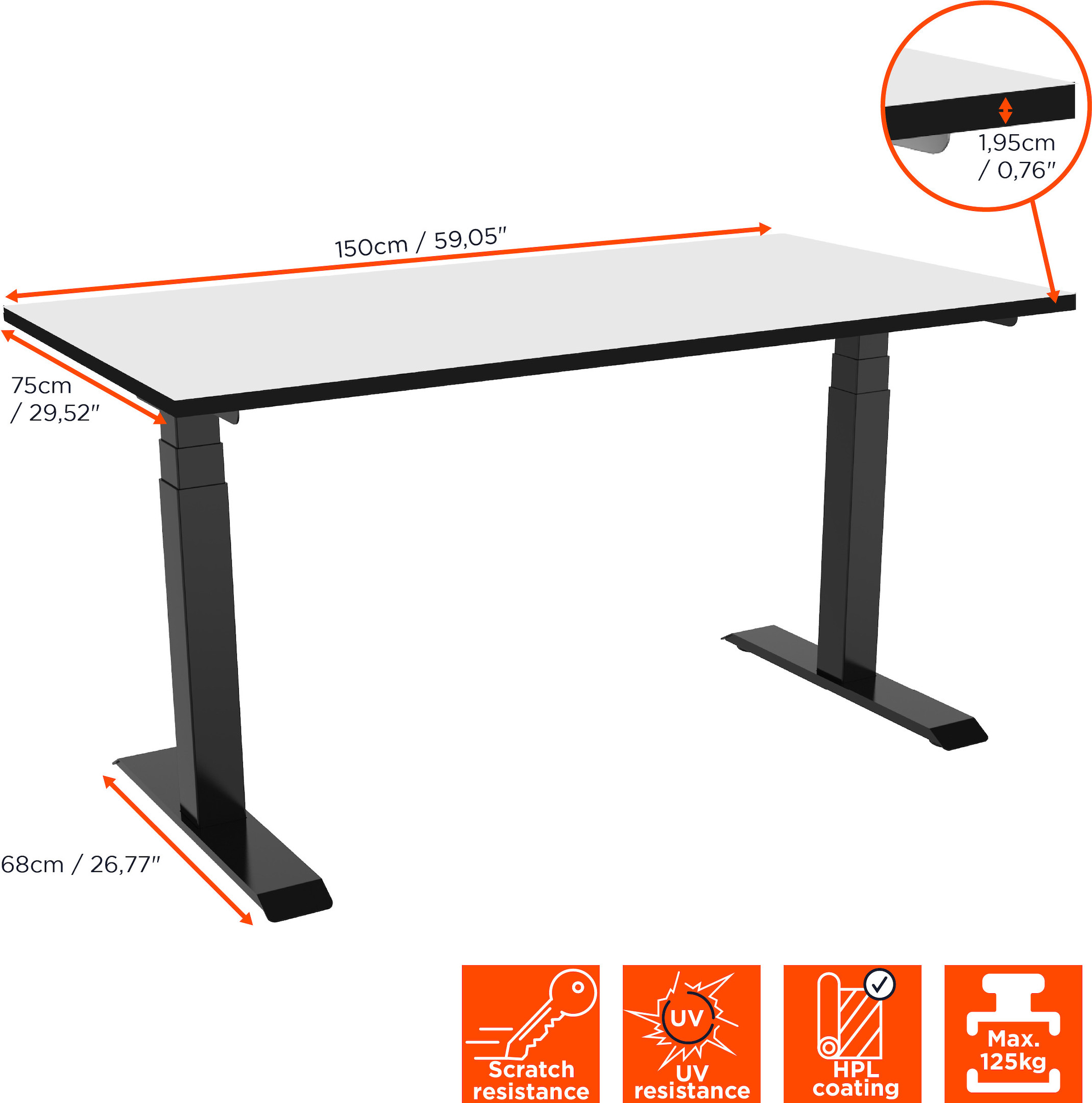 celexon elektrisch höhenverstellbarer Schreibtisch Professional eAdjust-58123 - schwarz, inkl. HPL Tischplatte 150 x 75 cm