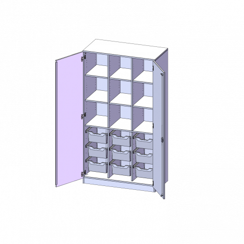 ErgoTray Schrank, dreireihig, 5 Ordnerhöhen - evo180 Serie B/H/T: 104,5x190x50 cm, zweitürig, mit Sockel (81 mm), mit 2 Mittelwänden, mit 9 hohen ErgoTray Boxen