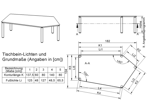 Tisch ZALOTTI mit Schichtstoff-Belag Fünfecktisch-groß, B/H/T: 185x25x104 cm, Stahlrohrbeine Ø 60 mm, Fußvariante: fahrbar, Tischbeine mit RAL-Farbe 9006 (weißaluminium)