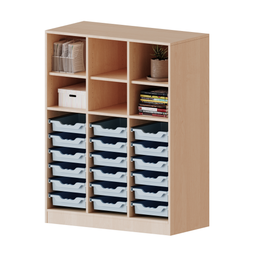 ErgoTray Regal, dreireihig, 3,5 Ordnerhöhen - evo180 Serie B/H/T: 104,5x136x40 cm, mit Sockel (81 mm), unten 18 flache, oben 6 Fächer