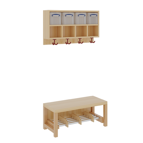 Komplettgarderobe mit doppelter Ablagereihe inklusive Boxen B/T: 80x35 cm, 4 Plätze, Sitzhöhe 26 cm, 2teilig ohne Stütze, Ablage zur Wandmontage, Alurohr-Schuhrost mit Trennungen