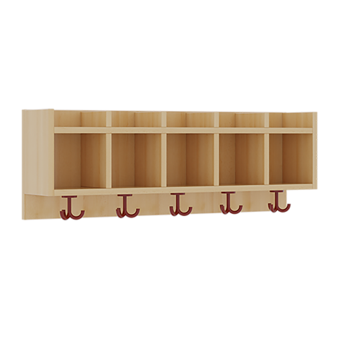 einfache Garderobenablage B/H/T: 100x34,5x20 cm, aus feuerhemmendem Material, 5 Fächer, darunter 3fach-Haken, oben offene Unterteilungen