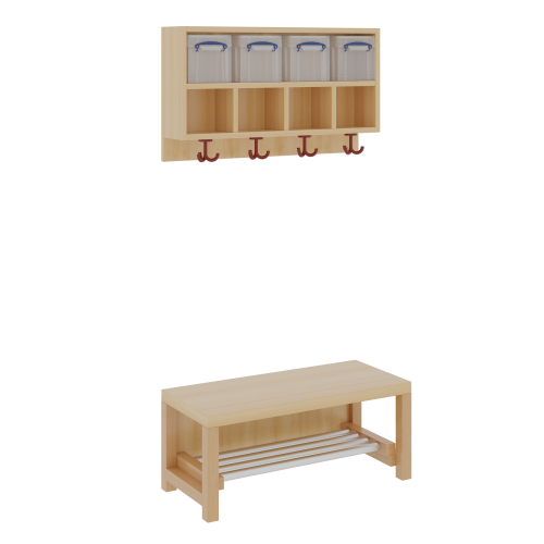 Komplettgarderobe mit doppelter Ablagereihe inklusive Boxen 2teilig ohne Stütze, Ablage zur Wandmontage, Aluminiumrost, wahlweise Facheinteilung, T: 35 cm