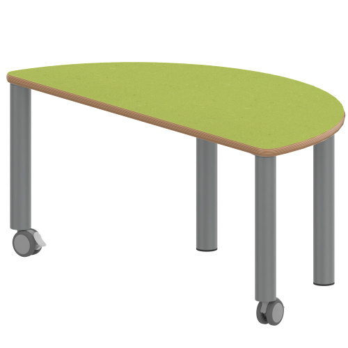 Tisch ZALOTTI mit Linoleum-Belag Halbrundtisch, B/H/T: 120x46x60 cm, Stahlrohrbeine Ø 60 mm, Fußvariante: fahrbar, Tischbeine mit RAL-Farbe 9006 (weißaluminium)
