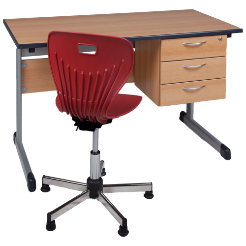 Lehrertisch mit Vollkern und 3 Schüben außen B/H: 130x65 cm, ohne Schloß, mit Ablage