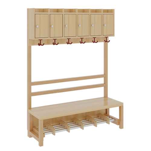 Komplettgarderobe mit Ablagen und Türen B/H/T: 120x158x39 cm, 6 Plätze, Sitzhöhe: 34 cm, offene Stütze in Buche-massiv, Schuhrost aus Aluminiumrohren mit Facheinteilungen