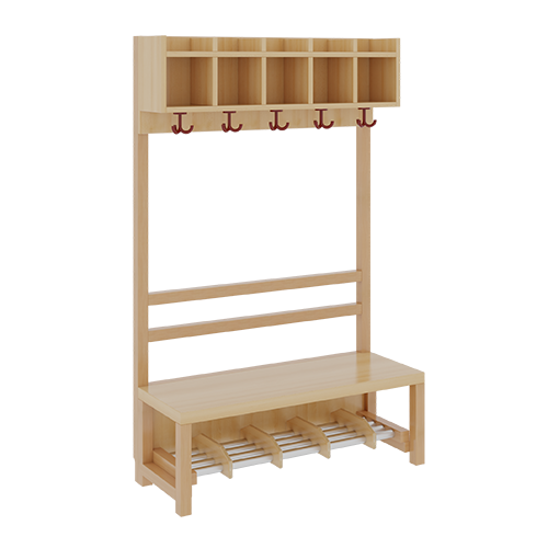 Komplettgarderobe mit einfacher Ablagereihe B/H/T: 100x130x39 cm, 5 Plätze, Sitzhöhe: 34 cm, offene Stütze in Buche-massiv, Schuhrost aus Aluminiumrohren mit Facheinteilungen