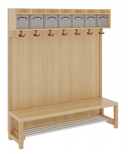 Komplettgarderobe mit einfacher Ablage inklusive Boxen B/H/T: 140x130x39 cm, 7 Plätze, Sitzhöhe: 34 cm, Stütze mit Paneelrückwand in Buche-hell, mit Schuhrost aus Aluminiumrohren