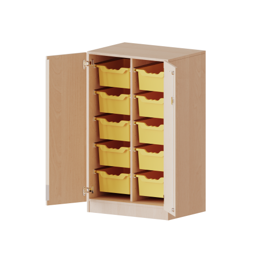 ErgoTray Schrank, zweireihig, 3 Ordnerhöhen - evo180 Serie B/H/T: 70,3x118x50 cm, zweitürig, mit Möbelstellfüßen, mit 10 hohen ErgoTray Boxen