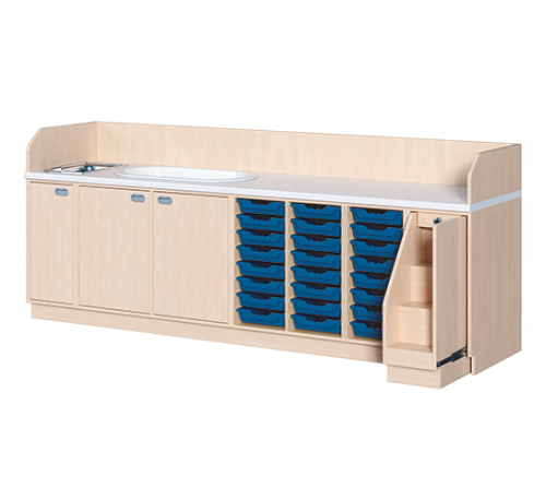 Wickelkommode, vierreihig zuzüglich Badewanne und Waschbecken B/H/T: 285x113x71,5 cm, Ausziehbarer Aufstieg rechts, 24 Boxen und Badewanne, Waschbecken links