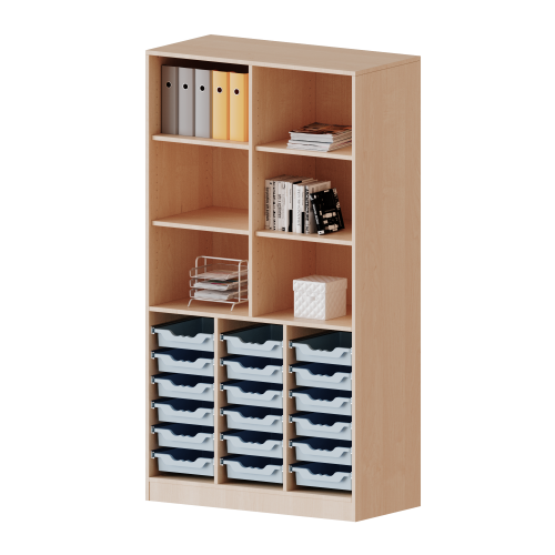 ErgoTray Regal, dreireihig, 5 Ordnerhöhen - evo180 Serie B/H/T: 104,5x190x40 cm, mit Sockel (81 mm), unten 18 flache ErgoTray Boxen, oben 4 Einlegeböden