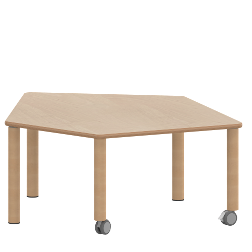 Tisch ZALOTTI mit Schichtstoff-Belag Fünfecktisch-klein, B/H/T: 121x71x110 cm, Massivholzbeine Ø 60 mm, Fußvariante: fahrbar